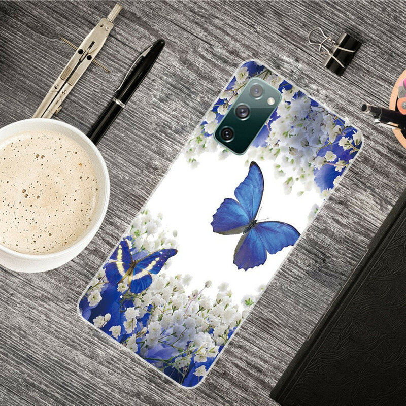 Coque Samsung Galaxy S20 FE Papillons Bleus et Fleurs d'Hiver