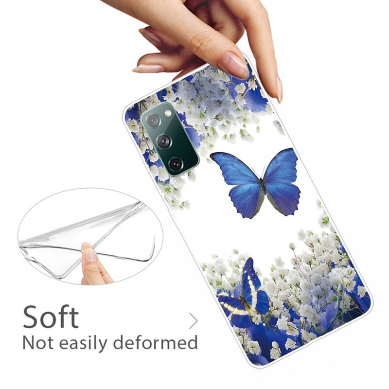 Coque Samsung Galaxy S20 FE Papillons Bleus et Fleurs d'Hiver