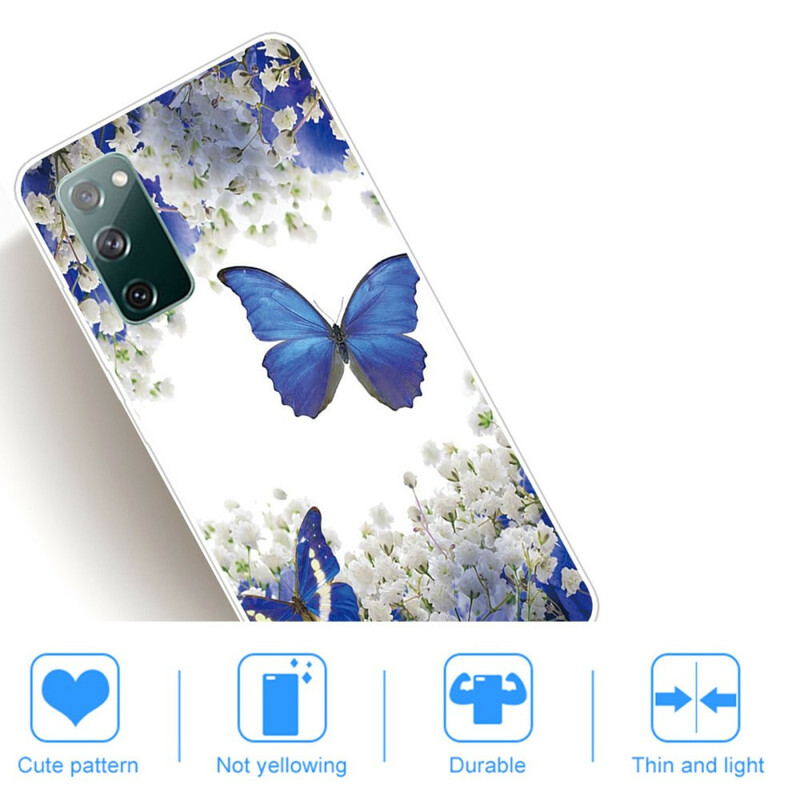 Coque Samsung Galaxy S20 FE Papillons Bleus et Fleurs d'Hiver