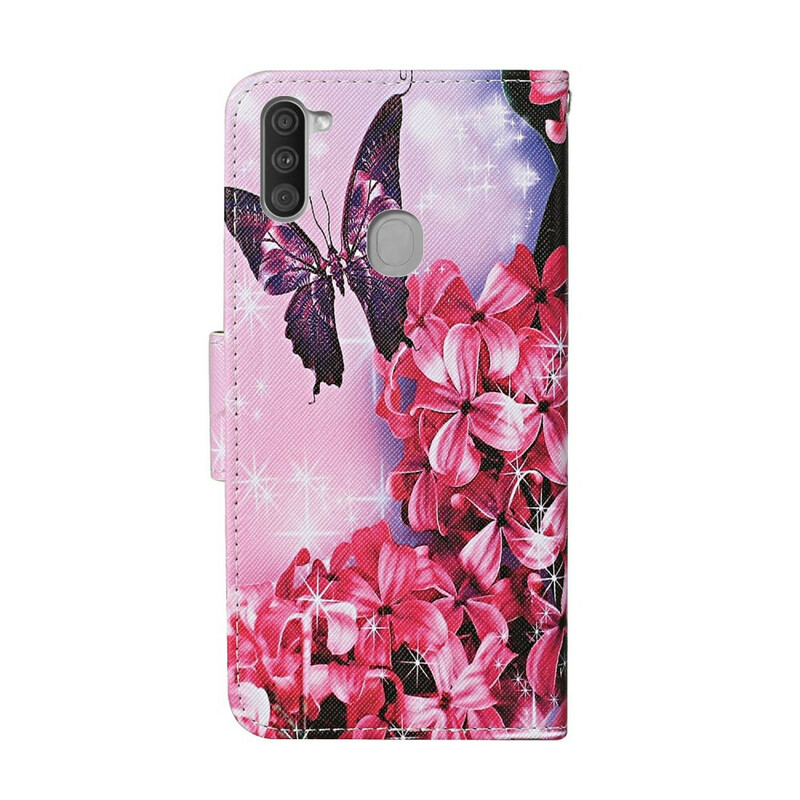 Housse Samsung Galaxy M11 Papillons Floraux Lanière Housse Samsung Galaxy M11 Papillons Floraux Lanière