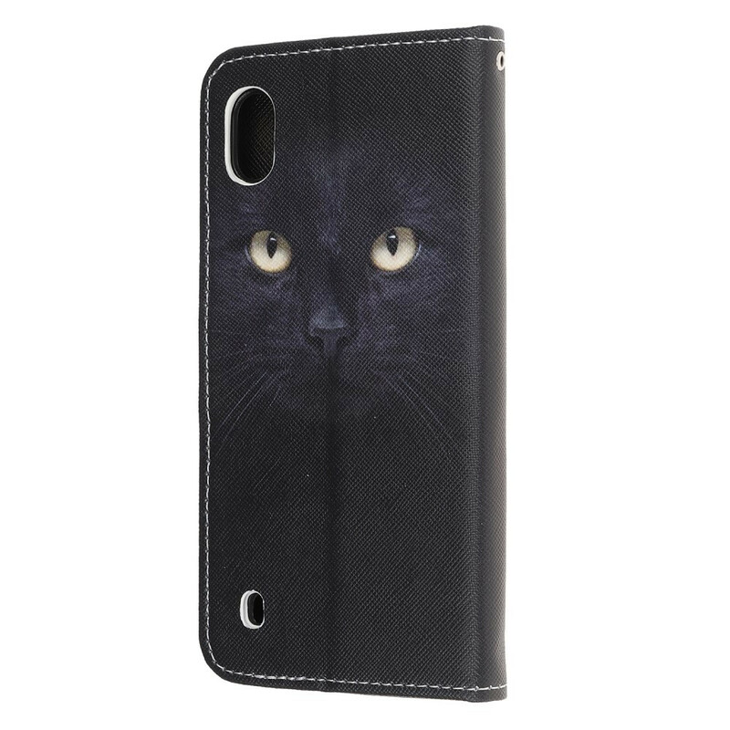 Housse Samsung Galaxy A10 Yeux de Chat Noir à Lanière