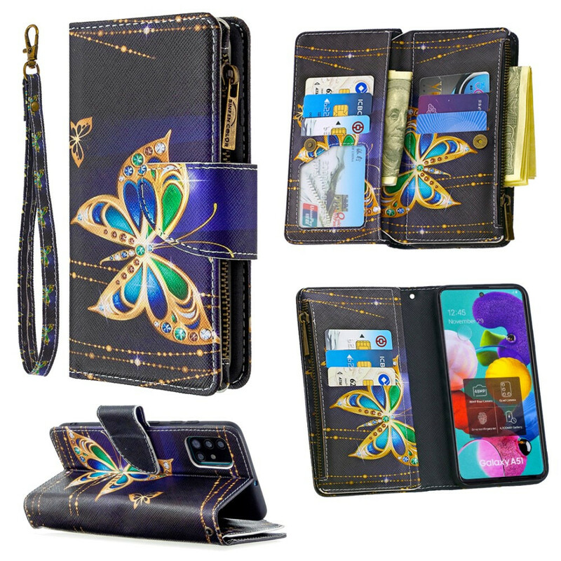 Housse Samsung Galaxy A51 Poche Zippée Papillons