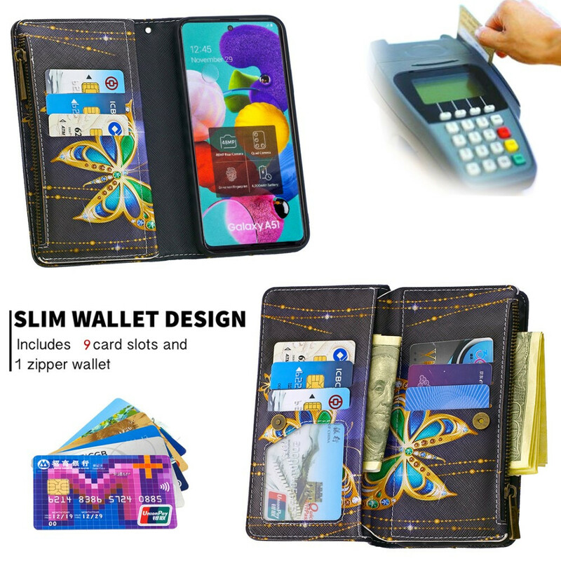Housse Samsung Galaxy A51 Poche Zippée Papillons Housse Samsung Galaxy A51 Poche Zippée Papillons