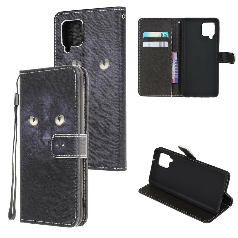 Housse Samsung Galaxy A12 Yeux de Chat Noir à Lanière Housse Samsung Galaxy A12 Yeux de Chat Noir à Lanière