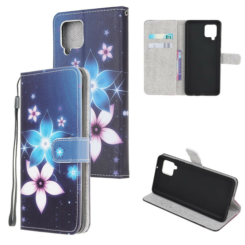 Housse Samsung Galaxy A12 Fleurs Lunaires à Lanière Housse Samsung Galaxy A12 Fleurs Lunaires à Lanière