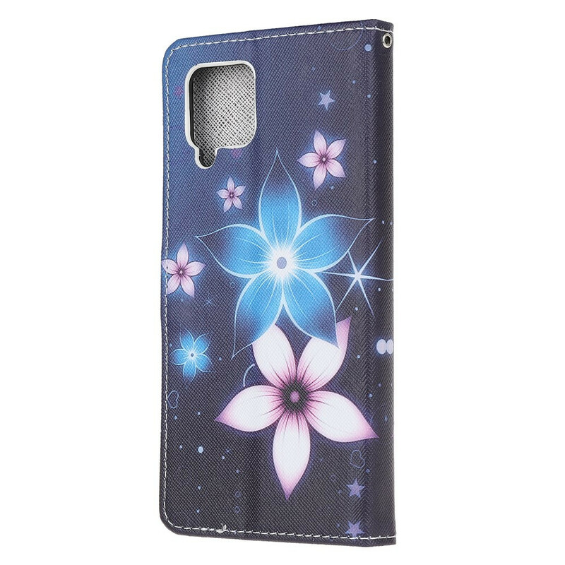 Housse Samsung Galaxy A12 Fleurs Lunaires à Lanière Housse Samsung Galaxy A12 Fleurs Lunaires à Lanière
