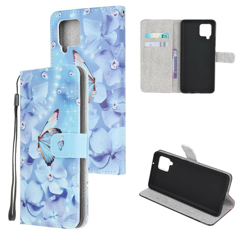 Housse Samsung Galaxy A12 Papillons Diamants à Lanière Housse Samsung Galaxy A12 Papillons Diamants à Lanière