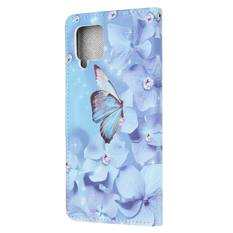 Housse Samsung Galaxy A12 Papillons Diamants à Lanière Housse Samsung Galaxy A12 Papillons Diamants à Lanière