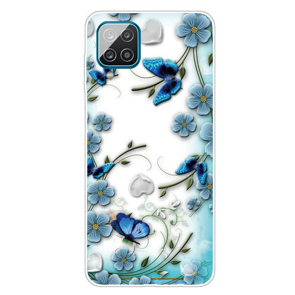 Coque Samsung Galaxy A12 Transparente Papillons et Fleurs Rétros