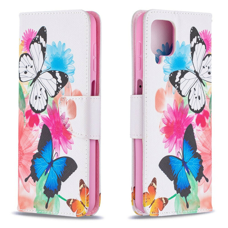 Housse Samsung Galaxy A12 Papillons et Fleurs Peints Housse Samsung Galaxy A12 Papillons et Fleurs Peints