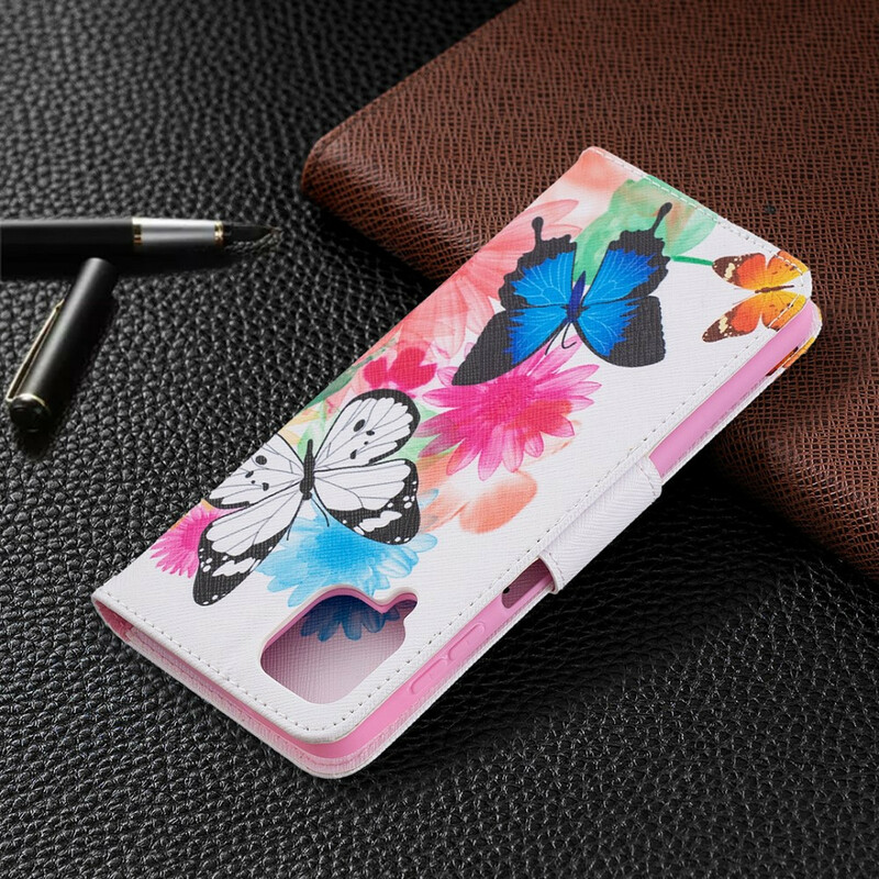Housse Samsung Galaxy A12 Papillons et Fleurs Peints Housse Samsung Galaxy A12 Papillons et Fleurs Peints