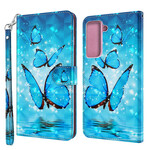 Housse Samsung Galaxy S21 5G Papillons Bleus Volants