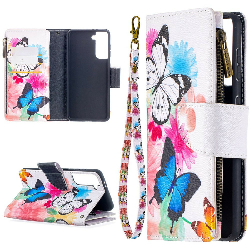 Housse Samsung Galaxy S21 5G Poche Zippée Papillons Housse Samsung Galaxy S21 5G Poche Zippée Papillons