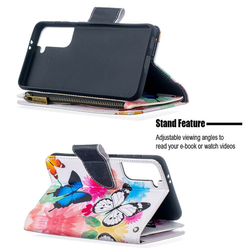 Housse Samsung Galaxy S21 5G Poche Zippée Papillons Housse Samsung Galaxy S21 5G Poche Zippée Papillons