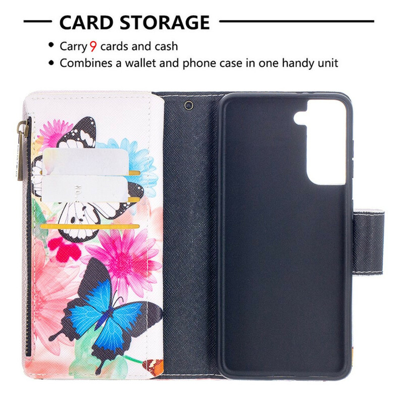 Housse Samsung Galaxy S21 5G Poche Zippée Papillons Housse Samsung Galaxy S21 5G Poche Zippée Papillons