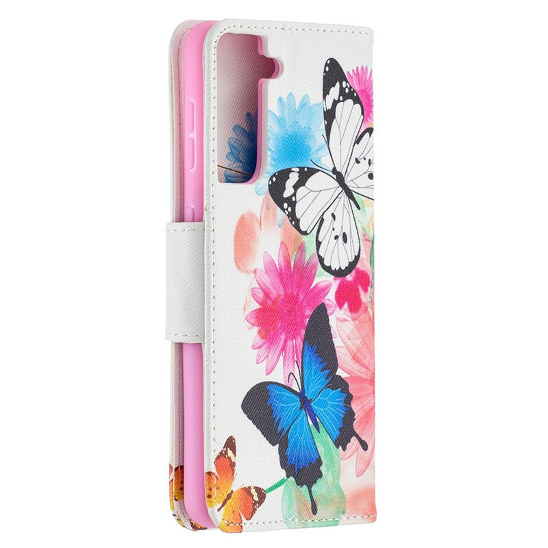 Housse Samsung Galaxy S21 5G Papillons et Fleurs Peints Housse Samsung Galaxy S21 5G Papillons et Fleurs Peints