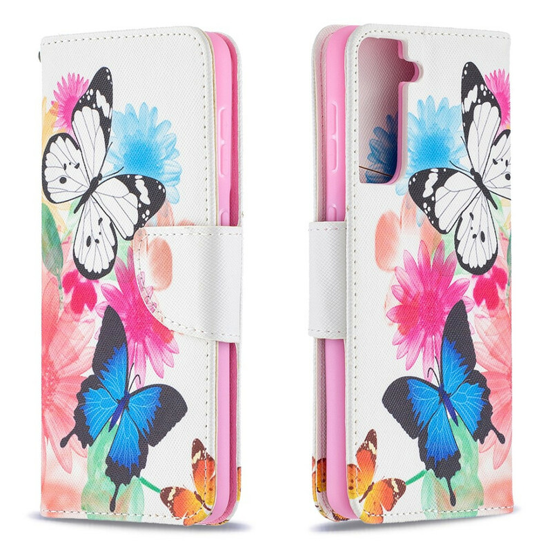 Housse Samsung Galaxy S21 5G Papillons et Fleurs Peints Housse Samsung Galaxy S21 5G Papillons et Fleurs Peints