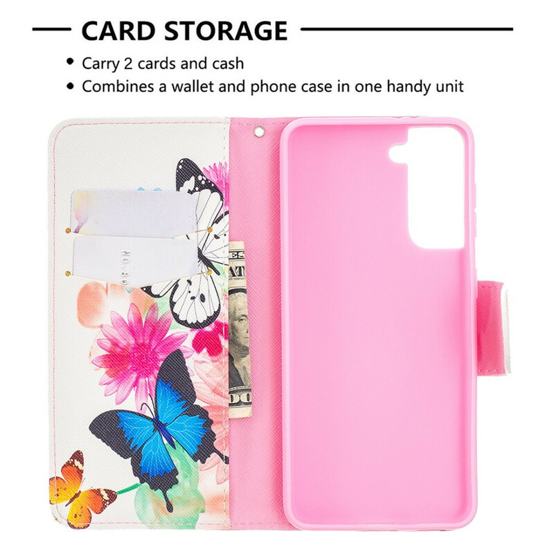 Housse Samsung Galaxy S21 5G Papillons et Fleurs Peints Housse Samsung Galaxy S21 5G Papillons et Fleurs Peints
