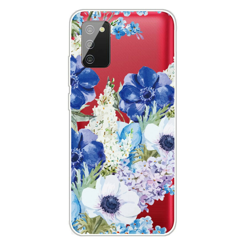 Coque Samsung Galaxy A02s Transparente Fleurs Bleues Aquarelle