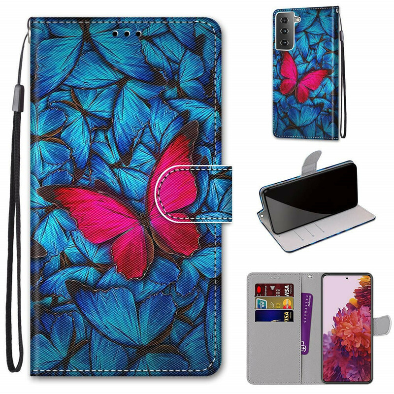 Housse Samsung Galaxy S21 5G Papillon Rouge Sur Fond Bleu Housse Samsung Galaxy S21 5G Papillon Rouge Sur Fond Bleu