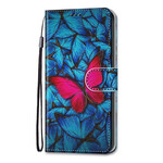Housse Samsung Galaxy S21 5G Papillon Rouge Sur Fond Bleu