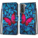 Housse Samsung Galaxy S21 5G Papillon Rouge Sur Fond Bleu