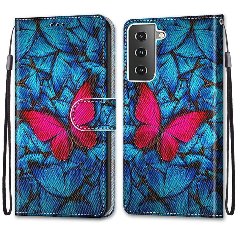 Housse Samsung Galaxy S21 5G Papillon Rouge Sur Fond Bleu Housse Samsung Galaxy S21 5G Papillon Rouge Sur Fond Bleu