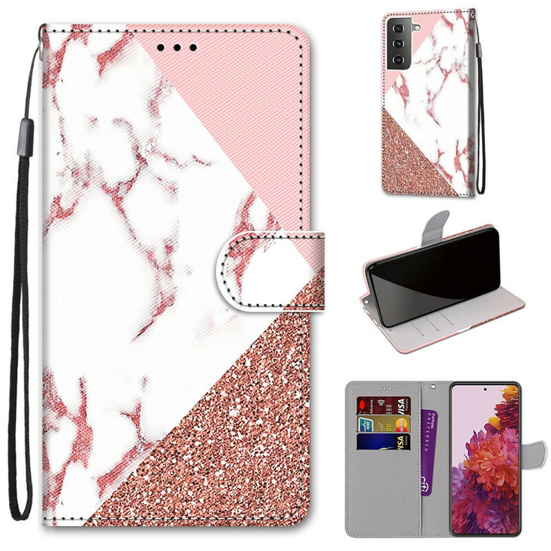 Housse Samsung Galaxy S21 5G Triangle en Marbre et Paillettes