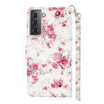 Housse Samsung Galaxy S21 5G Fleurs Light Spots à Lanière