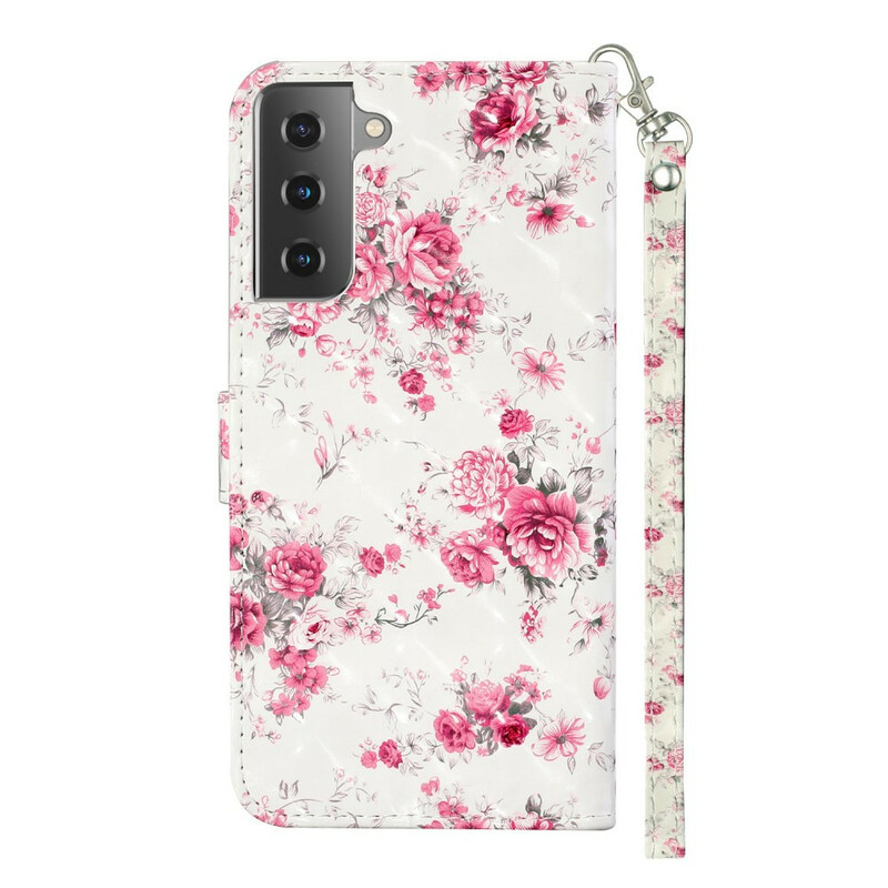 Housse Samsung Galaxy S21 5G Fleurs Light Spots à Lanière