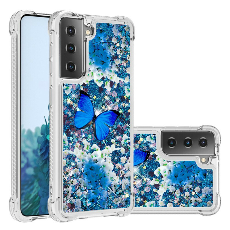 Coque Samsung Galaxy S21 5G Papillons Bleus Paillettes Coque Samsung Galaxy S21 5G Papillons Bleus Paillettes
