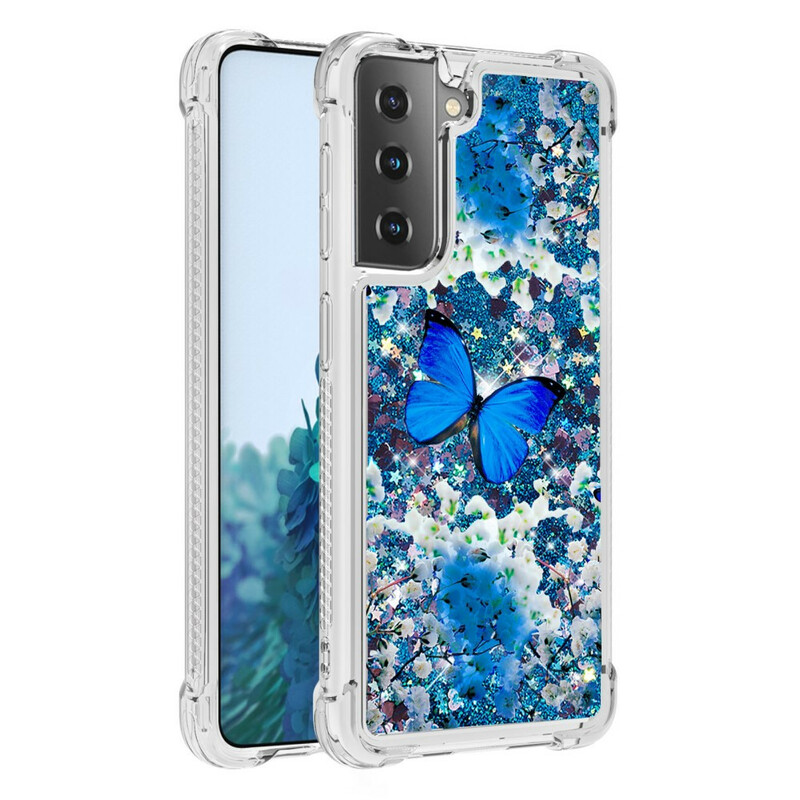 Coque Samsung Galaxy S21 5G Papillons Bleus Paillettes Coque Samsung Galaxy S21 5G Papillons Bleus Paillettes