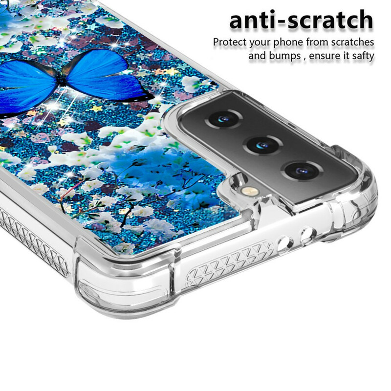 Coque Samsung Galaxy S21 5G Papillons Bleus Paillettes Coque Samsung Galaxy S21 5G Papillons Bleus Paillettes