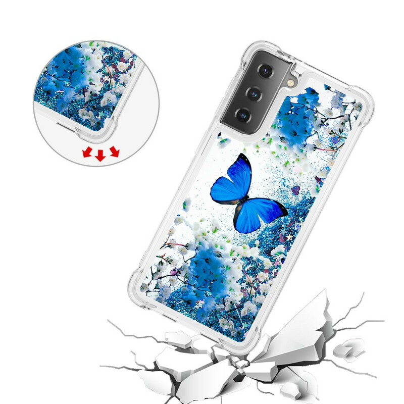 Coque Samsung Galaxy S21 5G Papillons Bleus Paillettes Coque Samsung Galaxy S21 5G Papillons Bleus Paillettes