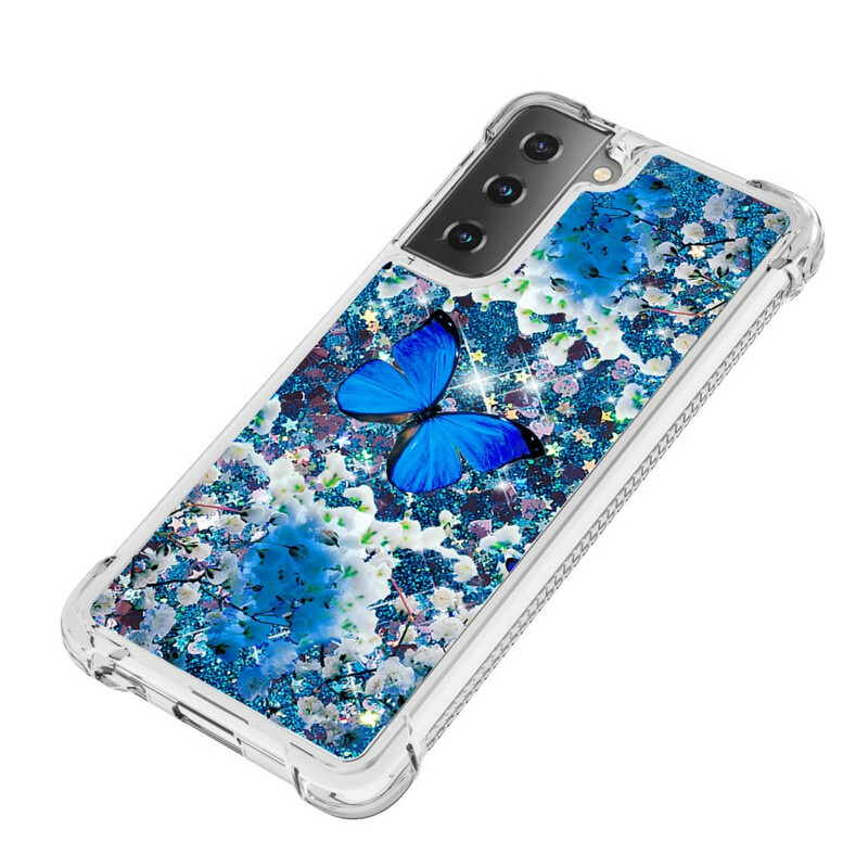 Coque Samsung Galaxy S21 5G Papillons Bleus Paillettes