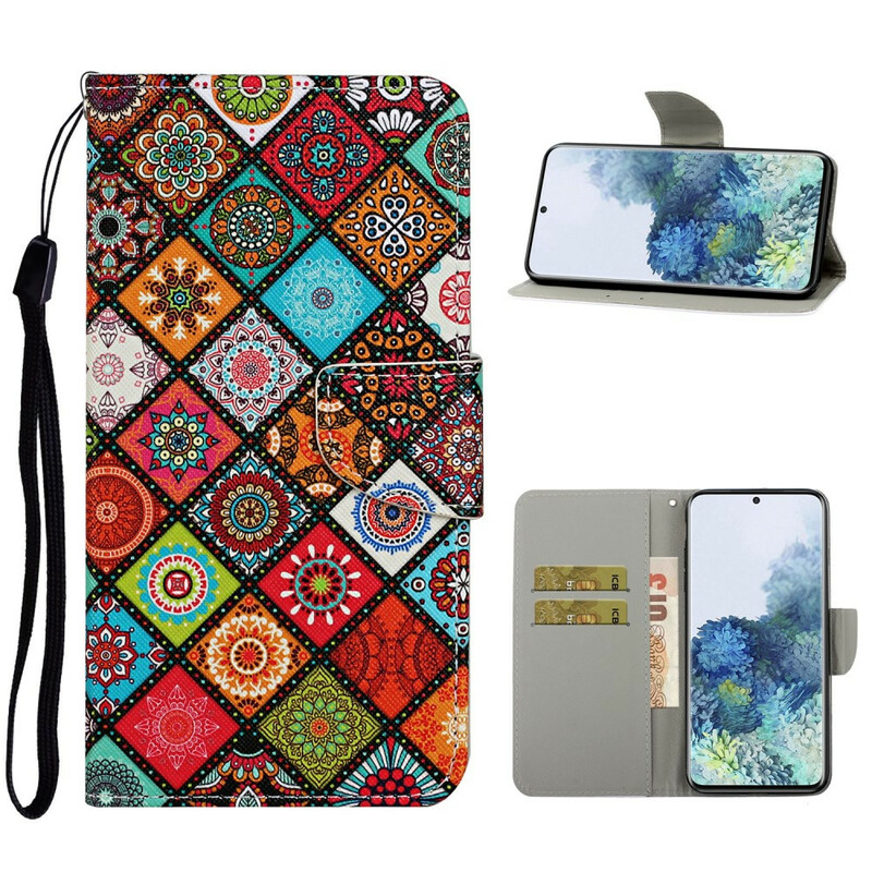 Housse Samsung Galaxy S21 Plus 5G Patchwork Mandalas avec Lanière