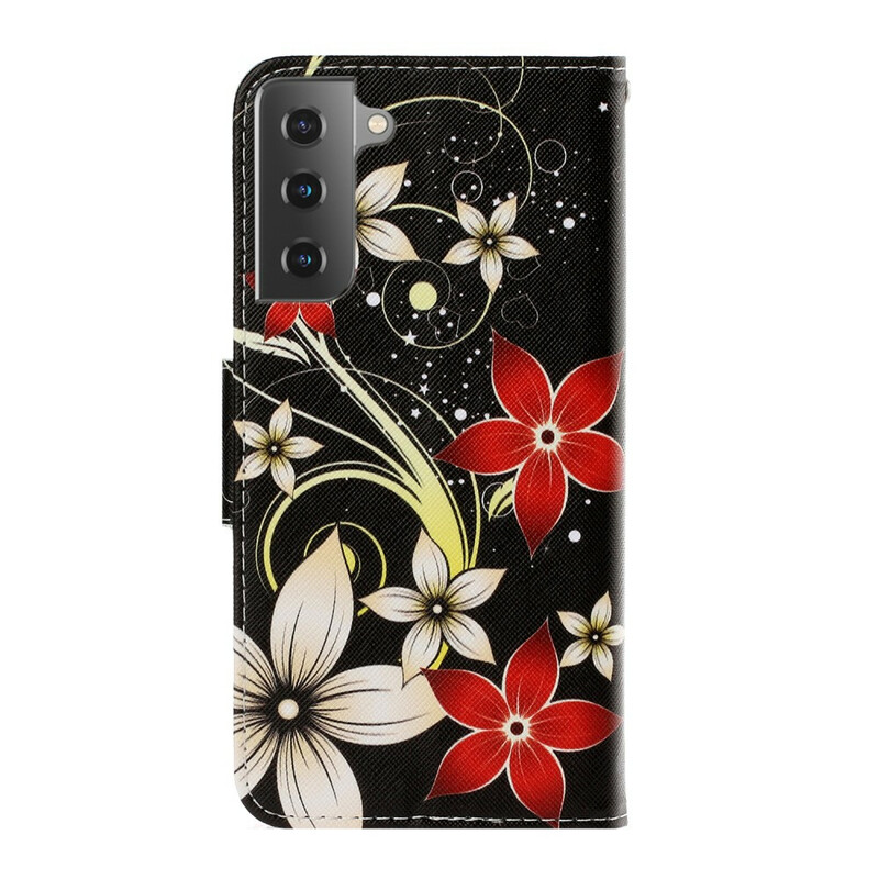 Housse Samsung Galaxy S21 5G Fleurs Colorées à Lanière