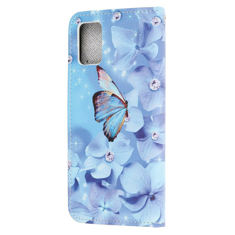 Housse Samsung Galaxy A52 5G Papillons Diamants à Lanière