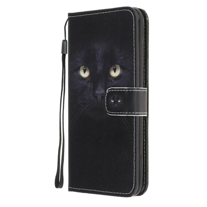 Housse Samsung Galaxy A52 5G Yeux de Chat Noir à Lanière