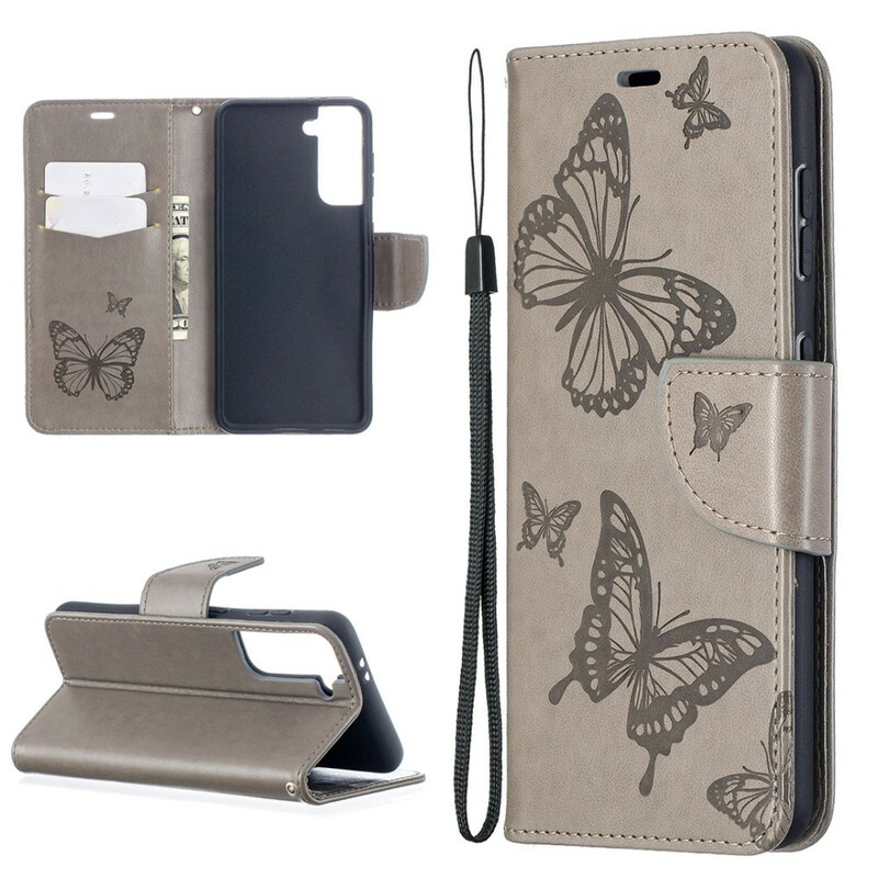 Housse Samsung Galaxy S21 5G Les Papillons en Vol avec Lanière